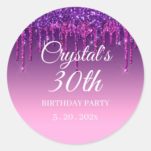 Custom Purple Glitter Drip Happy Birthday Classic Round Sticker (Front)