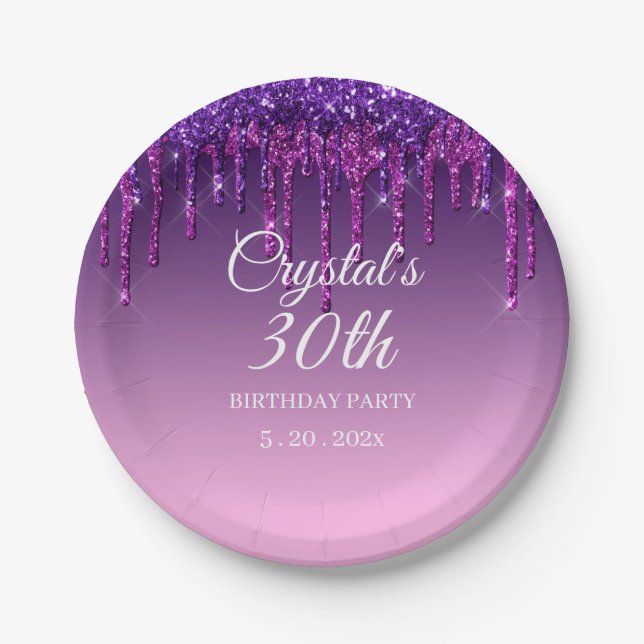 Custom Purple Glitter Drip Happy Birthday Paper Plate (Front)