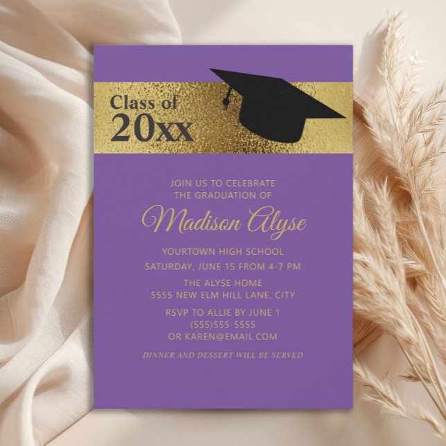 Custom Purple Gold Black Cap Graduation Invitation (Purple and gold graduation cap no-photo party invitation)