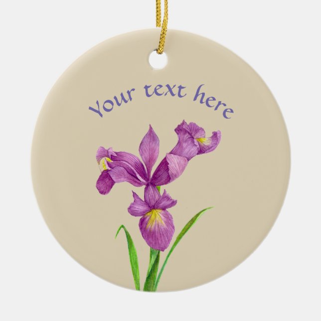 Custom Purple Iris Botanical Floral Art Ceramic Ornament (Front)
