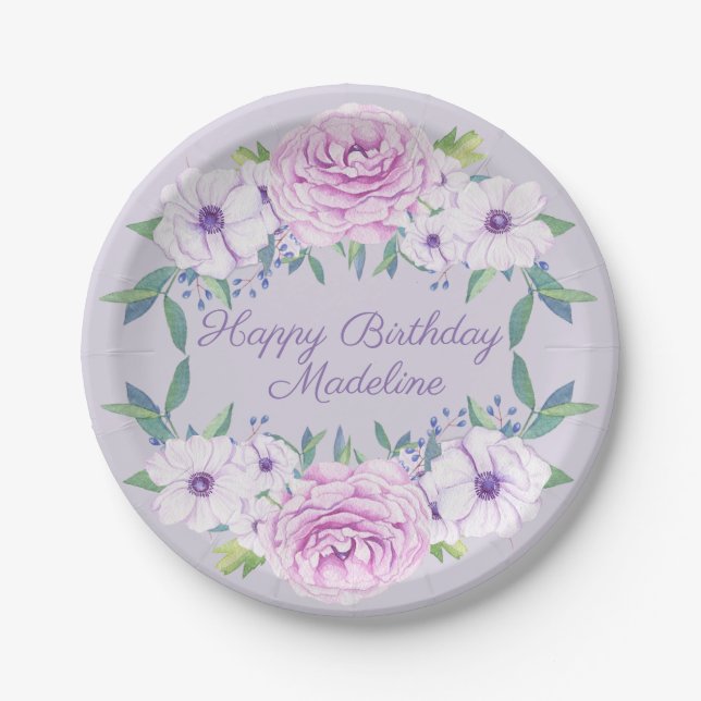 Custom Purple Lilac Floral Birthday Party Paper Plate (Front)