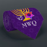 Custom Purple Monogram HANUKKAH Tie<br><div class="desc">Elegant, stylish purple HANUKKAH Neck Tie, designed with faux gold menorah, colourful Star of David and silver coloured dreidel plus CUSTOMIZABLE MONOGRAM and GREETING, so you can add your initials and create your own greeting. There is a subtle tiled pattern of the Star of David in the background. Similar versions...</div>