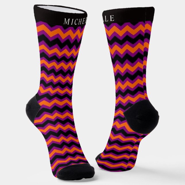 Custom Purple Orange Black Chevron Pattern Socks (Angled)