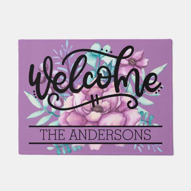 Custom Purple Peonies Floral Welcome Doormat (Front)