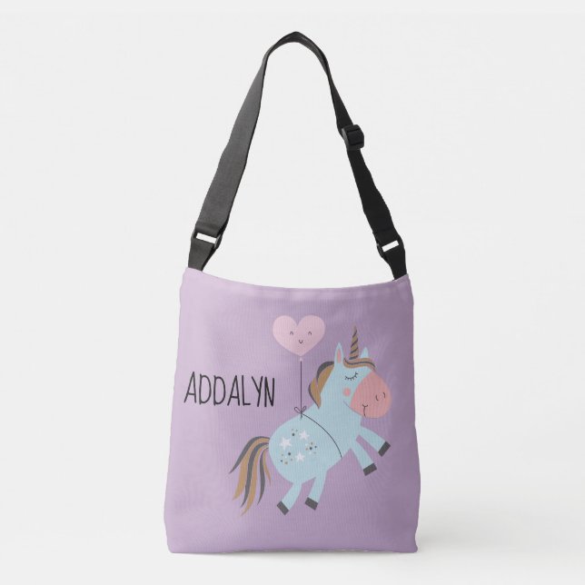 Custom Purple Pink Baby Blue Unicorn Heart Balloon Crossbody Bag (Front)