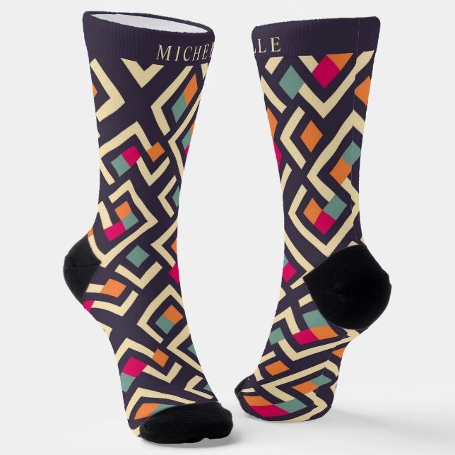 Custom Purple Pink Green Orange Geometric Pattern Socks (Angled)