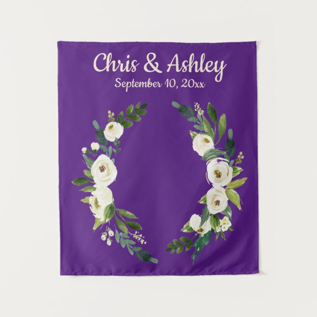 Custom Purple Rustic Greenery Wedding Backdrop Tapestry (Front)
