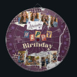 Custom Purple Scrapbook Birthday Photo Collage Dartboard<br><div class="desc">Turn game night into a celebration with this custom purple scrapbook-style birthday photo collage dartboard. Designed with a fun torn-paper scrapbook aesthetic, playful stars, layered textures, and colorful cut-out lettering spelling “Happy Birthday, ” this dartboard transforms a classic game into a unique and memorable birthday centerpiece. The design allows you...</div>