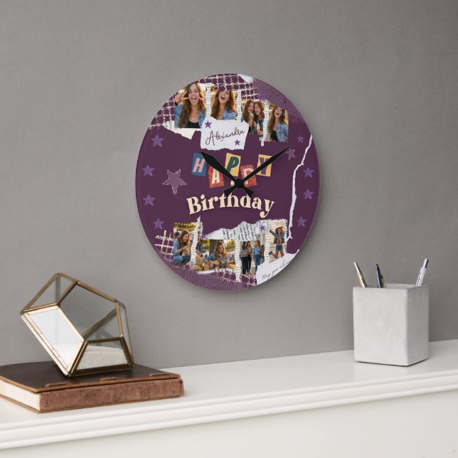 Custom Purple Scrapbook Birthday Photo Collage Large Clock (Office)