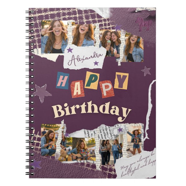 Custom Purple Scrapbook Birthday Photo Collage Notebook (Front)