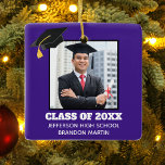 Custom Purple Senior Graduation Photo 2024 Ceramic Ornament<br><div class="desc">This custom purple senior graduate Christmas ornament features your graduation photograph underneath a black grad cap. Personalize with your class year,  school,  and name for a great gift for a graduating student.</div>