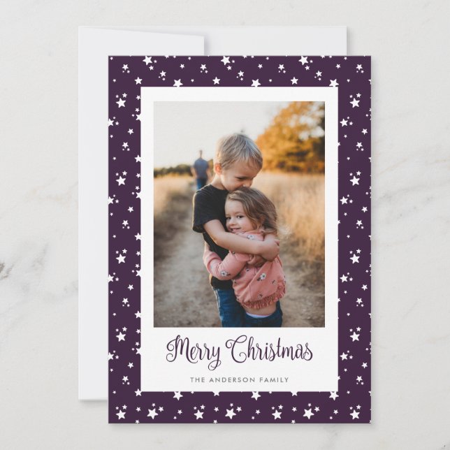 Custom Purple Stars Photo Merry Christmas Cards (Front)