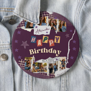 Custom Purple Teen Girl Birthday Photo Collage  6 Inch Round Button