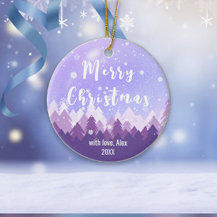 Custom Purple Tone Snow & Forest Merry Christmas Ceramic Ornament