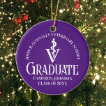 Custom Purple Veterinary School Graduate Christmas Ceramic Ornament<br><div class="desc">This modern custom purple veterinary medicine school graduation keepsake Christmas ornament features the college graduate name in elegant white script for the class of 2025 and your photo on the back. Customize with your university under the veterinarian medical caduceus for a great commemorative graduation gift for a DVM.</div>
