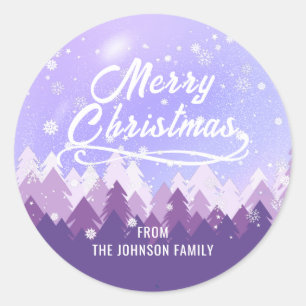 Custom Purple White Snow Peaceful Forest Christmas Classic Round Sticker