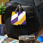 Custom Purple White Yellow Gold Stripes Pattern Luggage Tag<br><div class="desc">Sturdy and weatherproof baggage tag with trendy dark purple, bright yellow, and white stripes background to customize or personalize with a name, monogram or initial of your choice. Stylish, modern and cool customizable label for the fashionable Louisianian traveller. To attach to your suitcase, backpack, weekend or gym duffel bag, or...</div>