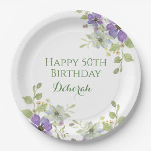 Custom Purple WIldflower 50th Birthday Party Paper Plate