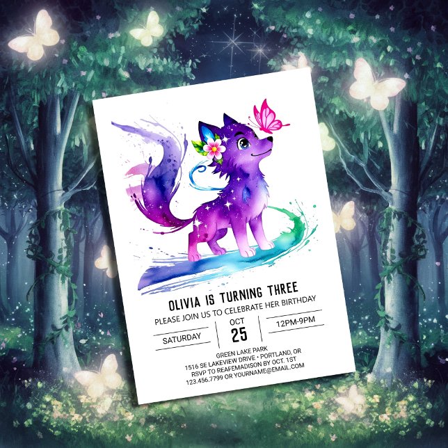 Custom Purple Wolf Digital Girl Birthday Invitation (Creator Uploaded)