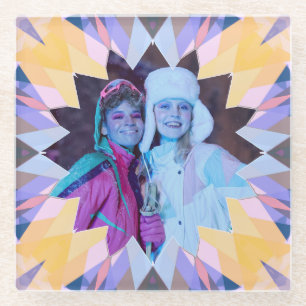 Custom Purple Yellow Christmas Star Photo Gift Glass Coaster