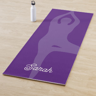 Custom purple yoga mat with tree pose silhouette