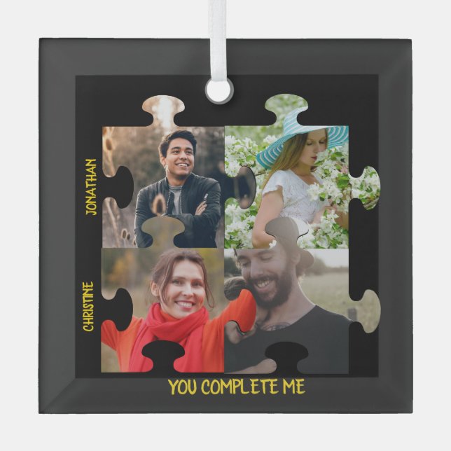 Custom puzzle piece photo You complete me couple Glass Ornament (Front)