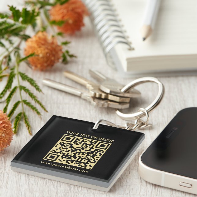 Custom QR Code Black & Gold Single Sided Square Keychain (Front Right)