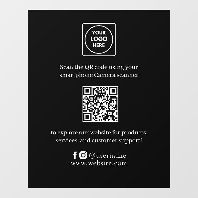 Custom QR Code | Black Modern Business Display Window Cling (Sheet)