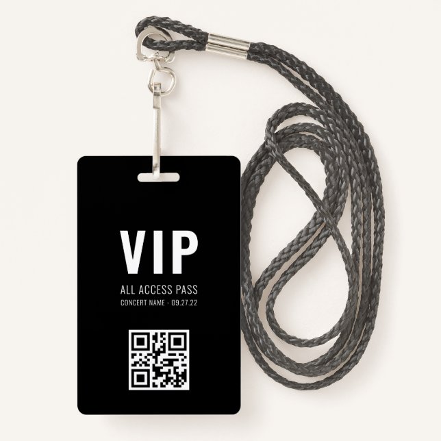 Custom QR Code Black White VIP All Access Pass Badge (Front with Lanyard)