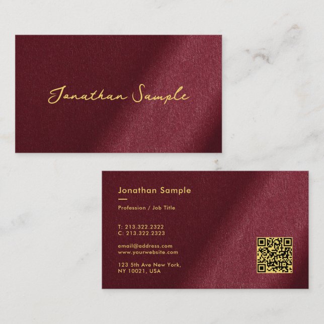 Custom QR Code Bordeaux Gold Calligraphy Script Business Card (Front/Back)