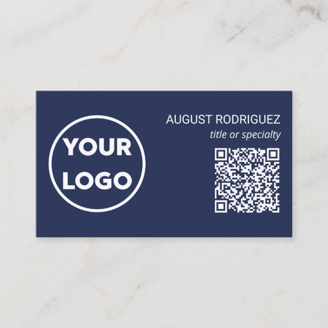 Custom QR Code Business Logo Modern Navy Blue Business Card (Front)