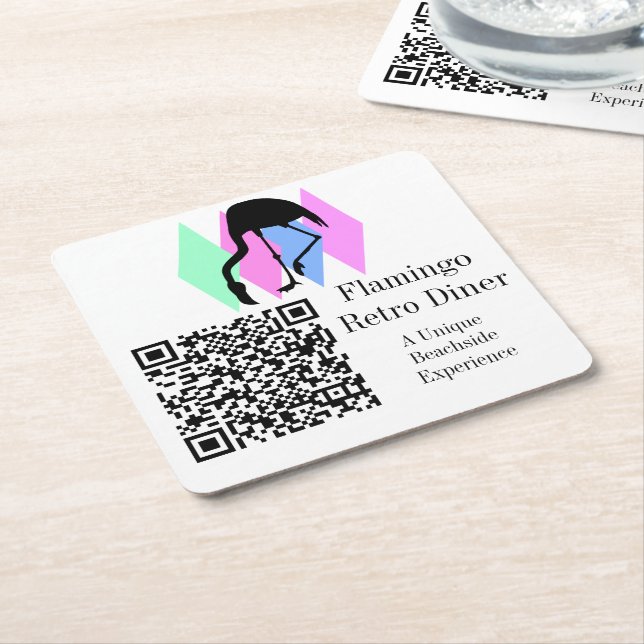 Custom QR Code Cafe Restaurant Bar Retro Flamingo Square Paper Coaster (Angled)