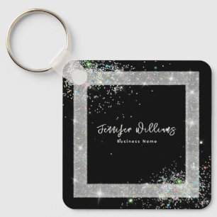 Custom QR Code Holographic Glitter Black Sparkles Keychain