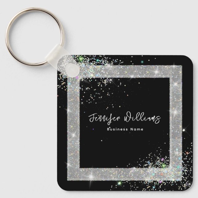 Custom QR Code Holographic Glitter Black Sparkles Keychain (Front)