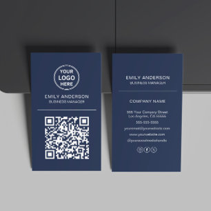 Custom QR Code Logo Minimal Navy Blue Business Card