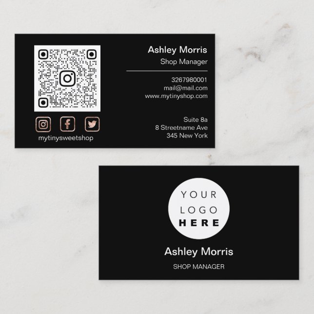 Custom QR Code Logo Social Online Shop Black Rose  Business Card (Front/Back)