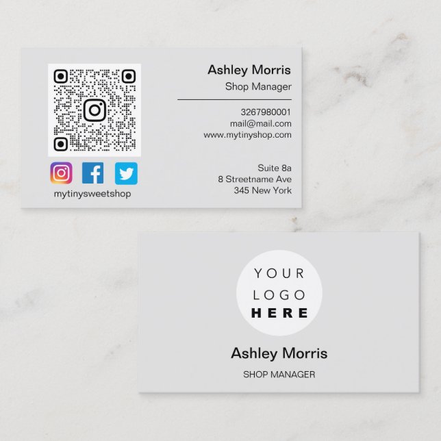 Custom QR Code Logo Social Online Shop Grey Business Card (Front/Back)