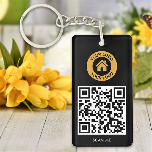 Custom QR Code Logo Text Elegant Black And White Keychain