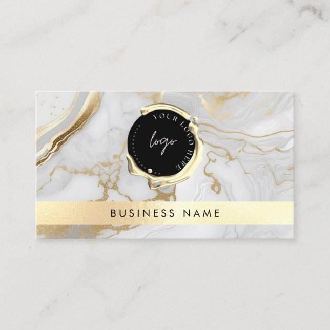 Custom QR Code & Logo White Gold Marble Unique Business Card (Front)