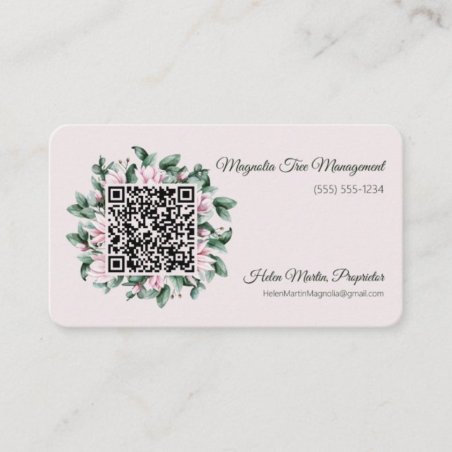 Custom QR Code Magnolia Flower Frame  Business Card (Front)