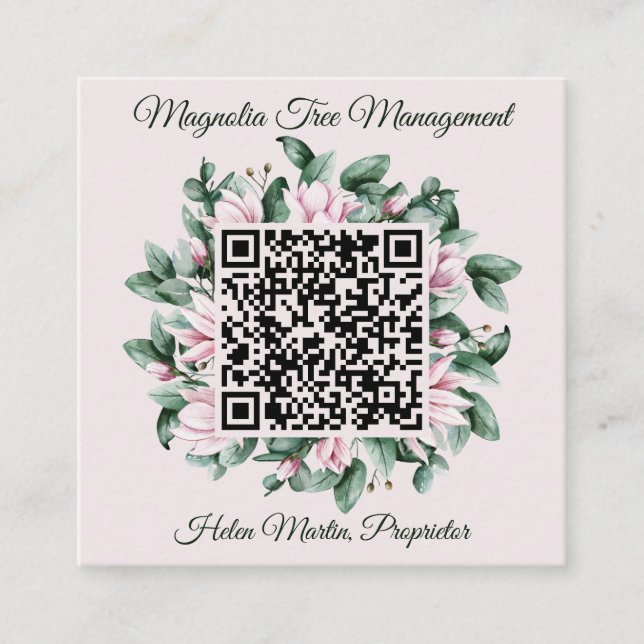 Custom QR Code Magnolia Flower Frame Square Business Card (Front)