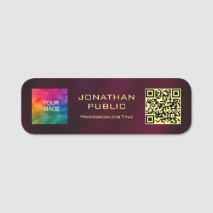 Custom QR Code Member Photo or Logo Gold Font Text Name Tag