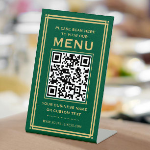 Custom QR Code Menu Contactless Classic Green Gold Pedestal Sign