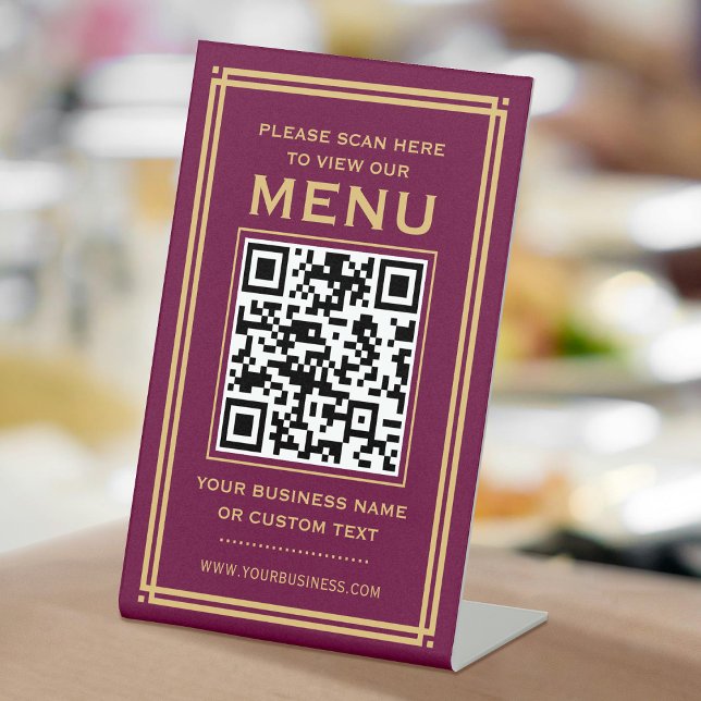 Custom QR Code Menu Contactless Classic Plum Gold Pedestal Sign (Creator Uploaded)