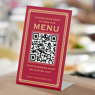 Custom QR Code Menu Contactless Classic Red Gold Pedestal Sign
