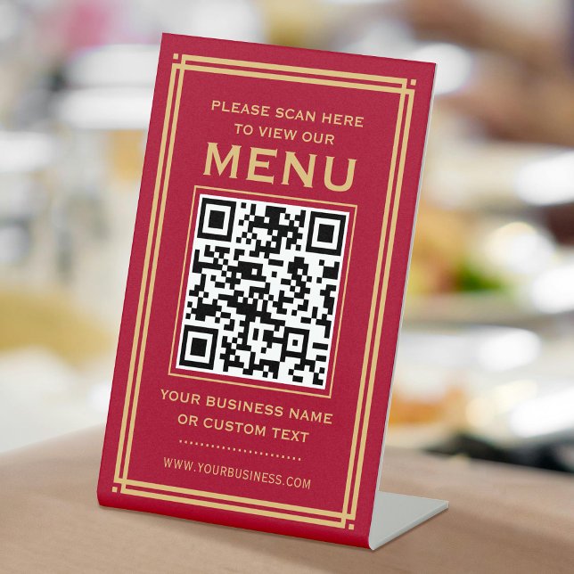 Custom QR Code Menu Contactless Classic Red Gold Pedestal Sign (Creator Uploaded)