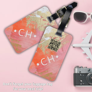 Custom QR Code Monogram Modern Pink Gold Luggage Tag