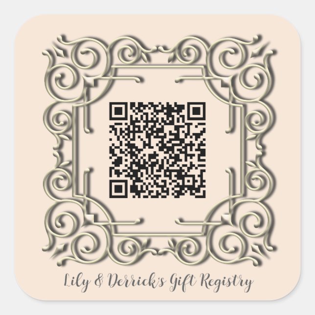 Custom QR Code Ornate Frame Wedding Gift Registry Square Sticker (Front)
