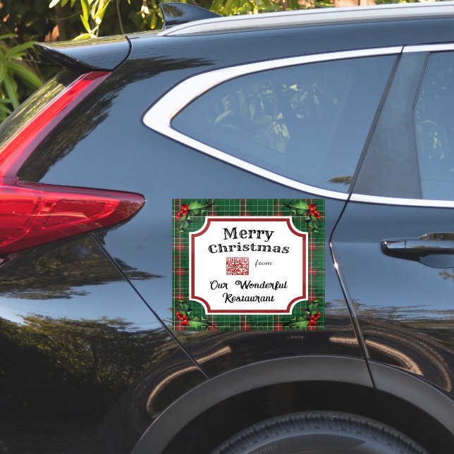 Custom QR Code Restaurant Christmas Green Plaid (Car Side)