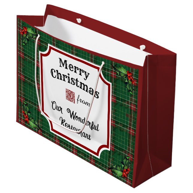 Custom QR Code Restaurant Christmas Green Plaid Large Gift Bag (Front Angled)